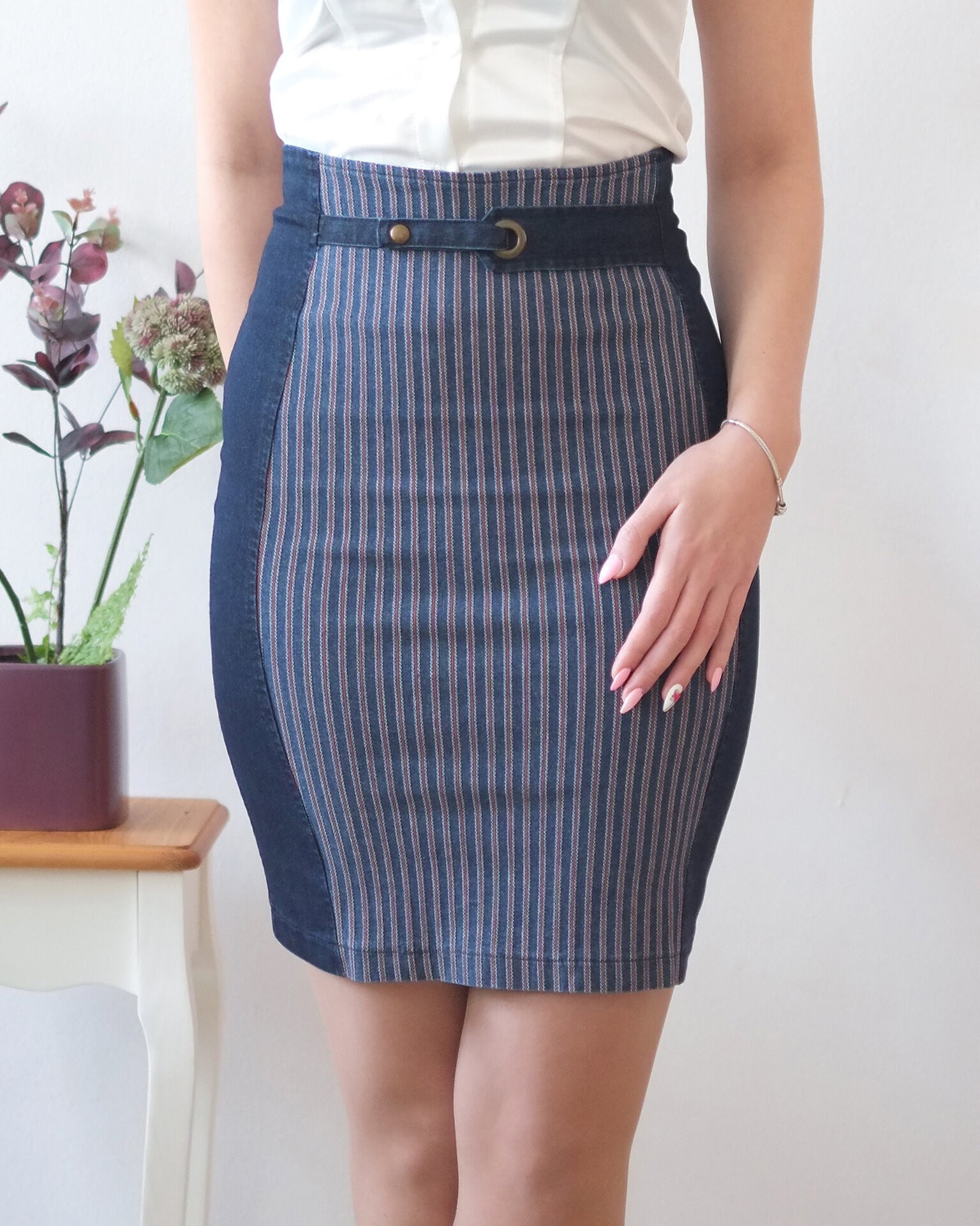 ДЪНКОВА ПОЛА С КЪДРИ 1663749-Copy Striped Denim Skirt